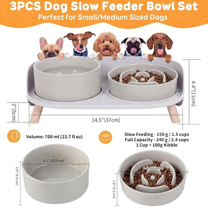 Elevated Slow Feeder Dog Bowls - Ceramic Food and Water Bowl Set with Stand - Raised Pet Dishes for Small and Medium Sized Dogs - color: Grey
