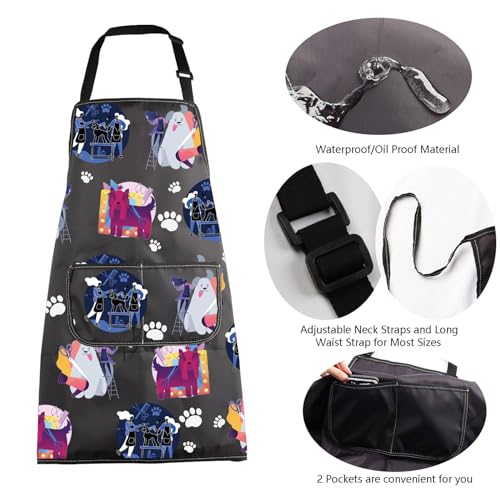 MBMSO Dog Groomer Apron - Colorful Dog Print Art Bib Aprons with Pockets
