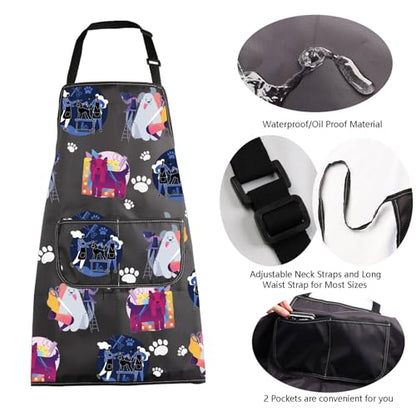 MBMSO Dog Groomer Apron - Colorful Dog Print Art Bib Aprons with Pockets
