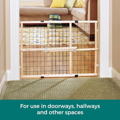 MYPET Wire Mesh Dog Gate: 26.5"-42" Wide Pressure Mounted with No Tools; Expandable, Durable Pet Gates for Doors and Hallways, 23" Tall, Made with Sustainable Hardwood - size: 26.5"-42" Wide, 23" Tall