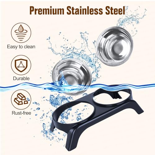 Elevated Cat Bowls - Anti-Vomiting Raised Food Bowl Set With 2 Stainless Steel Bowls, Prevents Neck Pain, ABS Anti-Slip Stand for Indoor Cats & Puppies (Black) - color: Black
