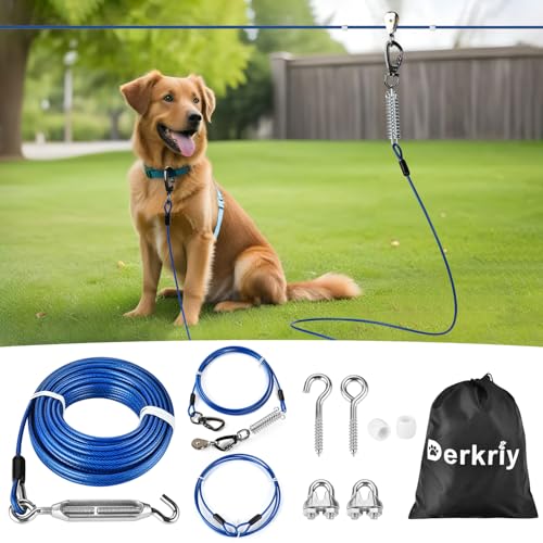 Dog Runner for Yard, Heavy Duty 150FT Dog Runs for Outside with 10FT Tie Out Cable, Trolley System Zipline for Large Dogs Up to 250lbs, Chew Proof Run Cable for Camping - color: Dark Blue, size: 150ft run cable+10ft tie out cable