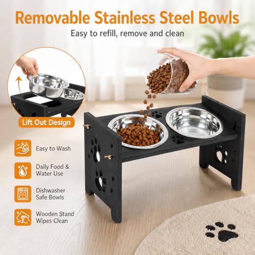 Elevated Cat Bowls, Adjustable Raised Pet Bowls with 2 Stainless Steel Bowls, Wooden Feeding Stand for Cats and Small Dogs, Double Food and Water Feeder, 500 ml Each Bowl, Black