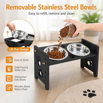 Elevated Cat Bowls, Adjustable Raised Pet Bowls with 2 Stainless Steel Bowls, Wooden Feeding Stand for Cats and Small Dogs, Double Food and Water Feeder, 500 ml Each Bowl, Black