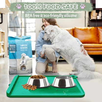 Silicone Pet Feeding Mat - Waterproof Dog & Cat Bowl Mat with Raised Edges, Hooks & Residue Collection Pocket - color: Turquoise Green, size: 36''x24''