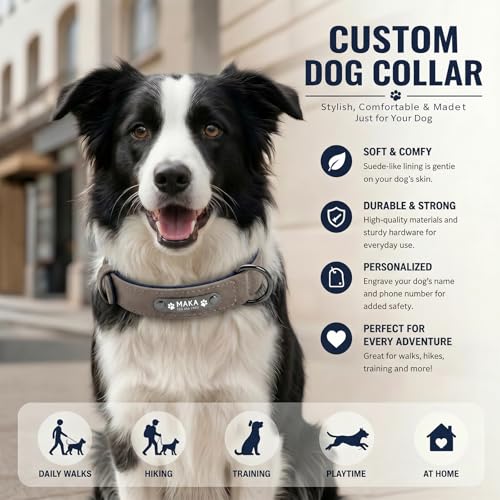 Personalized Anti-Lost Leather Dog Collar with Engraved Nameplate | Heavy duty metal buckle and clear laser marked ID. Features a smooth leather lining to protect fur during daily walks. - size: S: Adjustable Neck 9.84-12.20", Width 0.59"