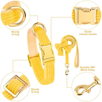 Dog Collar and Leash Set with Bowtie, Soft & Cute Puppy Collar, Cotton Puppy Collar with Adjustable Metal Buckle for Small, Medium Dog (Yellow, Size M: Neck 13"-22") - color: Yellow, size: M: Neck 13"-22" Leash 5 FT