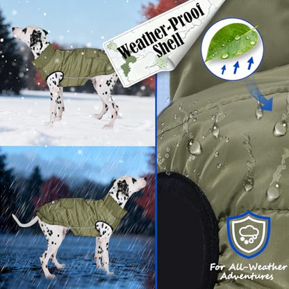Dog Winter Puffer Jacket Waterproof, Reflective Furry Fleece Lined Dog Coats for Small Medium Dogs, Warm Snow Coat, Insulated Cold Weather Dogs Vest Jackets with Leash Hole, Olive - color: Olive, size: XL: 20–25 lbs