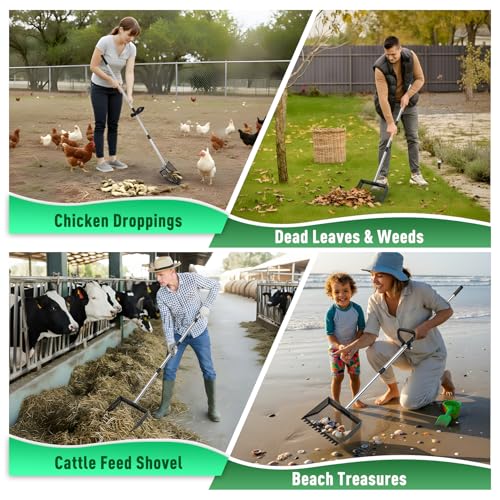 TOOGE Large Chicken Poop Scooper: 2-in-1 Metal Pooper Scooper & Rake Adjustable 62" Long Handle Stainless Steel Sand Sifting Litter Shovel Chicken Coop Scoop Cleaning for Bedding Goats Bright Black - color: Bright Black