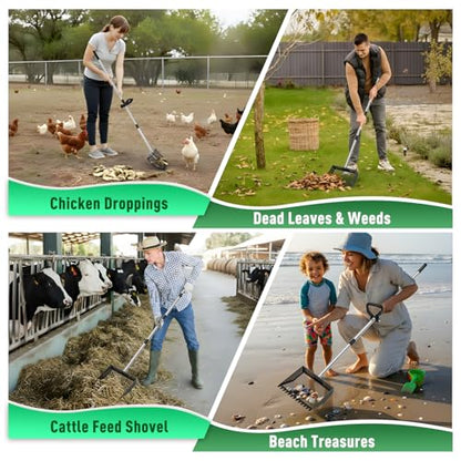 TOOGE Large Chicken Poop Scooper: 2-in-1 Metal Pooper Scooper & Rake Adjustable 62" Long Handle Stainless Steel Sand Sifting Litter Shovel Chicken Coop Scoop Cleaning for Bedding Goats Bright Black - color: Bright Black
