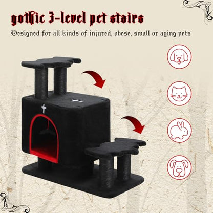 Gothic 3-in-1 Dog Stairs & Cat Scratching Post with Condo - Pet Steps for High Beds, Sofa & Couch, 3-Tier Cat Tower with Sisal Scratching Pad for Small Dogs, Cats & Kittens, Black - color: Black