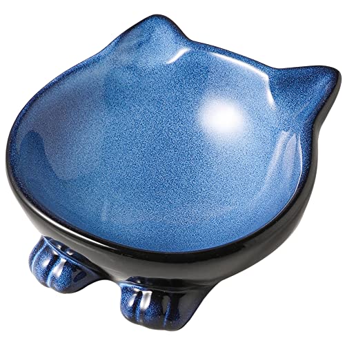 Nihow Ceramic Basic Cat Bowls: 5 Inch Cat Bowl for Food & Water | Food Grade Cat Dish for Small-Sized Cat - Microwave & Dishwasher Safe -Elegant Blue & Black (4.25 OZ /1 PC) - color: Blue & Black, size: 4.25 OZ