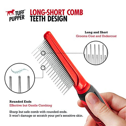 Tuff Pupper Dual Length Detangling Dog Comb | Short and Long Teeth Outer & Inner Coat | Ergonomic Pet Detangling Combs | No-Slip Safety Handle For Precision Control | Rounded Tips Prevent Scratching