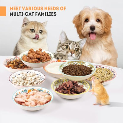 YEAHGO Cat Food Bowls for Indoor Cats Ceramic Cat Bowls Whisker Friendly Cat Dishes for Food and Water 5.5 Inches Kitten Bowls Cute Cat Feeding Bowls Set 8 Cat Wet Food Bowl Set Shallow Cat Plate - size: Boho–8 Pack