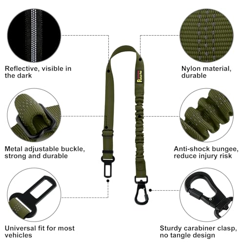 Plutus Pet Dog Seat Belt for Car, Adjustable Dog Car Harness with Carabiner Clip, Reflective Safety Dog Seatbelt Leash with Elastic Bungee, Ranger Green - color: Ranger Green