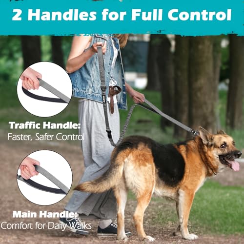 PetBonus Heavy Duty Tactical Dog Leash, 5 FT Bungee Shock Absorption Leash with 2 Padded Handles, Quick Release Metal Clip, Car Seatbelt, No Pull Training Lead for Large Medium Dogs（Grey） - color: Grey