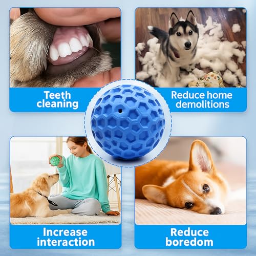 Durable Indestructible Squeaky Dog Ball for Aggressive Heavy Chewers, Unbreakable Tough Natural Rubber Dog Toy, Bouncy Interactive Ball for Medium & Large Dogs, Safe for Teeth & Gums (Blue) - color: Blue