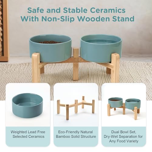 SPUNKYJUNKY Elevated Dog Bowls Ceramic, 6.1'' Dogs and Cat Food Water Bowls Raised with Non-Slip Bamboo Stand for Medium Sized Breed Microwave Dishwasher Safe - 28.7 OZ,Dark Green - color: Dark Green, size: 6.1 in - 3.6 cups