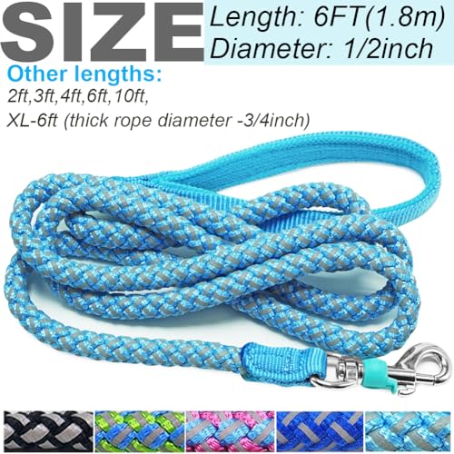 2/3/4/6/10 ft Reflective Dog Leash Strong Nylon Rope Braided Heavy Duty for Large and Medium Small Dogs Walking Training Leads (Sky Blue, 6ft * 1/2") - color: Sky blue, size: 6ft * 1/2"