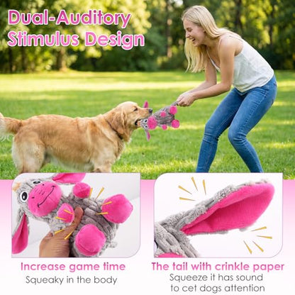 Squeaky Plush Dog Toy, Crinkle Ears Interactive Dog Chew Toy for Small Medium Dogs, Durable Corduroy Stuffed Animal Dog Toys for Puppy Teething, Boredom Relief & Indoor Fetch Play