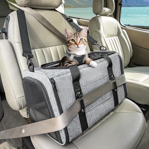 PETSFIT Soft-Sided Cat Carrier with Patented Safety Buckles, Lockable Zippers & Safety Tether,Escape-Resistant Travel Pet Carrier for Car Rides & Vet Visits, Airline Approved Under-Seat, Up to 12 lbs - color: Gray, size: 18.0"L x 11.0"W x 11.0"H
