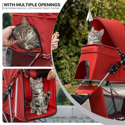 MoNiBloom 3 Wheels Pet Stroller, Foldable Puppy Cage Jogger Stroller with Weather Cover for All-Season, Storage Basket and Cup Holder, Breathable and Visible Mesh for Small/Medium Pets, Red - color: Red