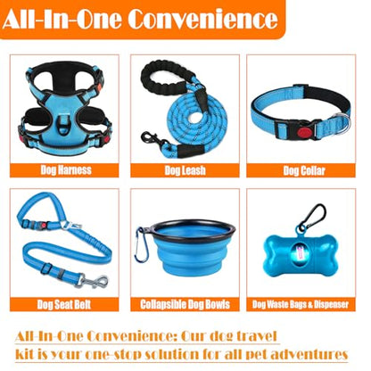 LOBEVE No Pull Dog Harness, Collar & Leash Set | Includes Dog Seat Belt, Collapsible Bowls & Poop Bag Dispenser. Ideal for Training, Walking, Hiking. Fits Small to Large Dogs(Blue-L) - color: Blue, size: Large