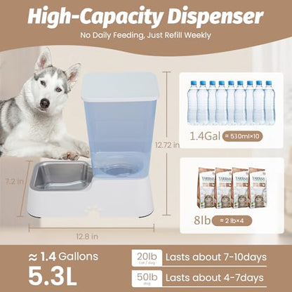 Automatic 5.4L/1.4Gal Pet Waterer, Automatic Dog Water Dispenser Gravity Stainless Steel Water Feeder, Large Capacity Feeding Bowls for Cats and Medium & Large-Sized Dogs (White, Food+Water) - color: White, size: Food and Water