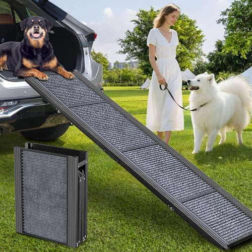 71" Extra Long Dog Ramp for Car Portable Sturdy Dog Ramps for Large Dogs with Non-Slip Rug Surface Dog Car Ramp for SUV Car & Truck, Outdoor Dog Ramp Up to 270LBS - size: Upgraded 71" L x 17.3" W