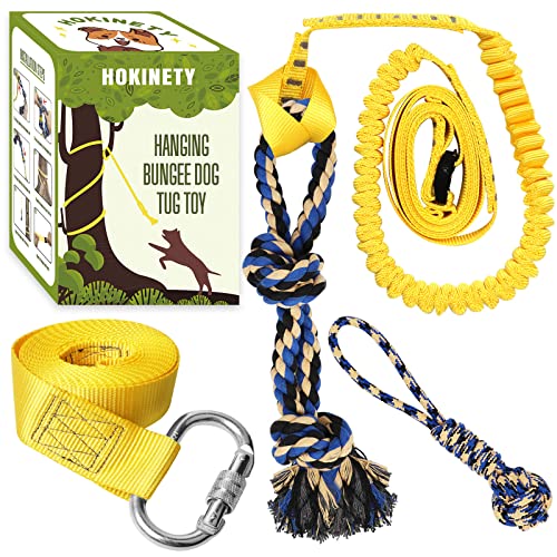 Dog Hanging Bungee Tug Toy: Interactive Tether Tug-of-War for Pitbull Small to Large Dogs to Exercise and Fun Solo Play - Durable Retractable Tugger Dog Rope Toy with 2 Chew Rope Toys - size: X-Large-Yellow-for Single Dog