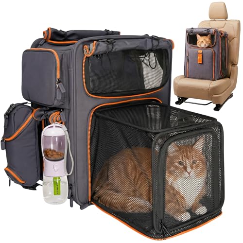Premium Expandable Cat Carrier Backpack with Car Seat Belt Safety System – Rigid Frame Pet Carrier Backpack for Cats & Small Dogs up to 25 lbs – Breathable, Durable – Includes Bottle & Feeding Bowl - color: gray/orange