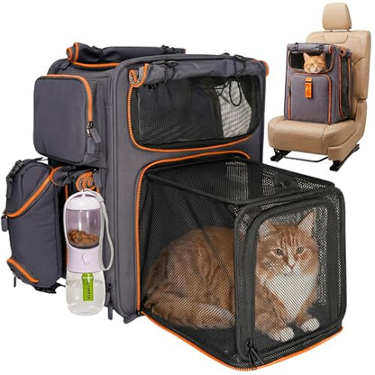 Premium Expandable Cat Carrier Backpack with Car Seat Belt Safety System – Rigid Frame Pet Carrier Backpack for Cats & Small Dogs up to 25 lbs – Breathable, Durable – Includes Bottle & Feeding Bowl - color: gray/orange