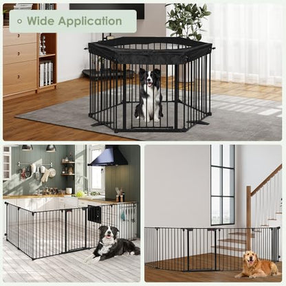 SMONTER Freestanding Dog Gate with Door Walk Through, 152" Extra Wide Foldable Dog Fence with Removable Cover, 6 Panels 29" Tall Metal Pet Gate for Stairs, Hallways - size: 6 Panels with Cover 152" W x 29" H