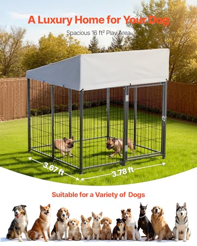 VEVOR Outdoor Dog Kennel, 3.67 x 3.78 x 4.1 ft Large Dog Kennel with Secure Lock, Outside Dogs Enclosures with UV-Resistant & Waterproof Roof Cover, Heavy Duty Pet Crate Cage Run for Large Dogs - size: 45.4"L x 44.0"W x 49.2"H