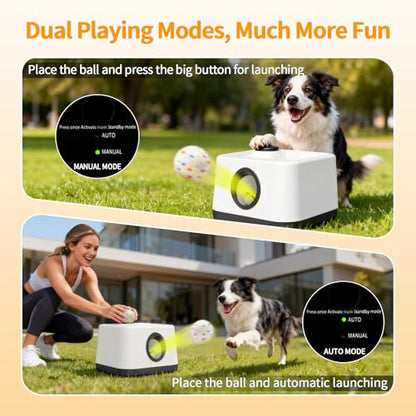 Automatic Dog Ball Launcher with Barking Function, Dual Modes (Auto/Manual) Interactive Dog Fetch Toy with 4 Adjustable Distances, Dog Balls Thrower for Small & Medium Dogs, with 4 Durable ETPU Balls - color: White and Gray