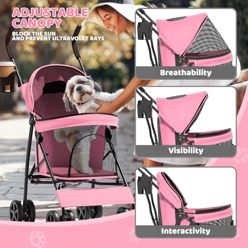 Magshion Compact Pet Stroller for Small-Medium Dogs/Cats up to 22lbs, 4-Wheel Lightweight Umbrella Shaped Portable Puppy Travel Jogger with Breathable Mesh, Cup Holder & Rear Storage, Pink - color: Pink, style: Up to 22 lbs