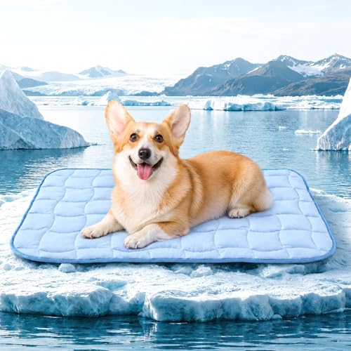 JOLLYVOGUE Cooling Mat for Dogs, 36" x 24" - Medium Dog Cooling Mat, Wavy Quilted Kennels Bed with Non-Slip Base, Machine Washable Indoor Outdoor Summer Sleeping Mat, Blue - size: Medium: 36"x24"