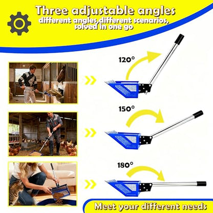 Chicken Poop Scooper & Rake 2-in-1, 15" Extra Large Stainless Steel Litter Scoop, 21"-76" Adjustable Handle, Chicken Coop Cleaner for Sand, Pet Waste & Litter Sifting - color: blue