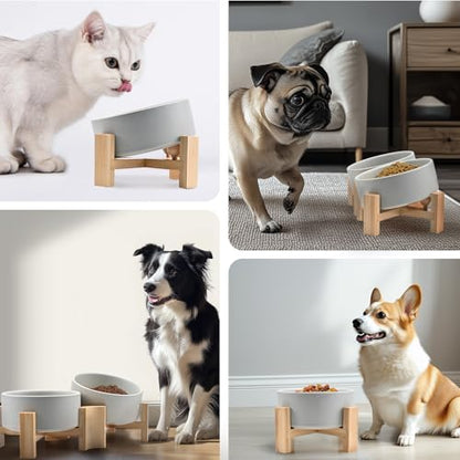 SPUNKYJUNKY 15° Slanted Ceramic Dog and Cat Bowl with Wooden Stand, Tilted Bulldog Food and Water Bowl No Slip Non-Spill for Cats Medium Dogs Big Face Pets 28.7 OZ (3.6 Cups, Grey × 2) - color: Grey, size: 3.6 CUPS × 2
