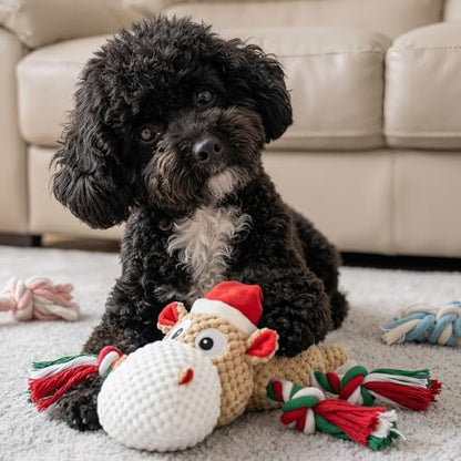 Dog Toys for Small Medium Dogs - Squeaky Hippo Plush Dog Toys with Crinkle Paper, Cotton Ropes for Tug Games - color: Christmas Hippo