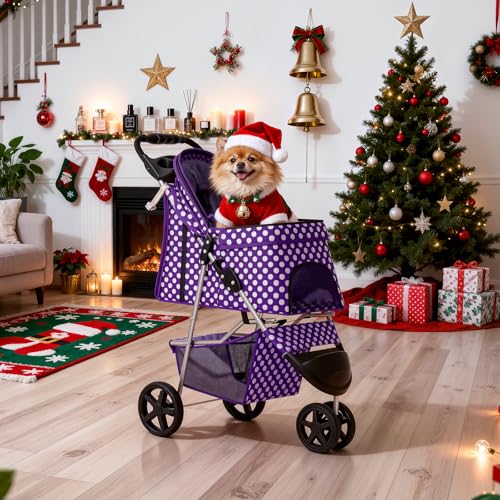 MoNiBloom 3 Wheels Pet Dog Cat Stroller for Small Medium Dogs Cats, Foldable Jogger Stroller w/Storage Basket and Cup Holder, Purple Polka Dots - color: Purple Polka Dots