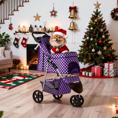 MoNiBloom 3 Wheels Pet Dog Cat Stroller for Small Medium Dogs Cats, Foldable Jogger Stroller w/Storage Basket and Cup Holder, Purple Polka Dots - color: Purple Polka Dots