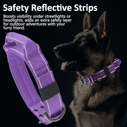 Tactical Dog Collar with Control Handle, Military Adjustable Pet Collar Reflective Heavy Metal Buckle Dog Collar, Soft Nylon Training Collar for Medium Large Dogs (Purple, Medium) - color: Purple, size: Medium