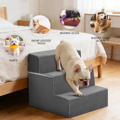 DUMOS Dog Stairs for Small Dogs, 3-Steps Non-Slip Balanced Indoor Foldable Dog Steps with Density Foam & Washable Cover, Cat Puppy Old Pet Stairs for High Bed, Couch, Sofa - Grey, 18" H