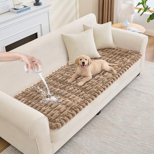 Waterproof Dog Couch Cover, Non Slip Pet Sofa Protector, Thick Fuzzy Couch Cover for Dogs, Machine Washable Furniture Protector, Scratch Resistant Pet Couch Mat(Leather color, 28" x 71"/70 x 180cm) - color: Leather Color, size: 28''x71''