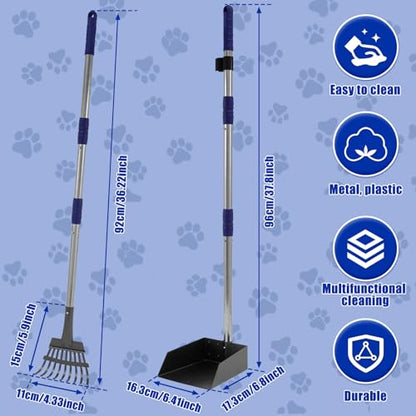 Pooper Scooper Metal Scooper Tray and Rake Set with 3 Stainless Steel Long Handle Removable Dog Pooper Scooper Multifunctional Poop Scoop Set for Pet Waste Removal on Grass and Gravel