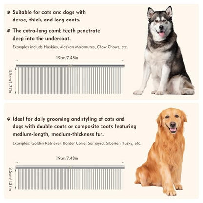 WRW Stainless Steel Dog Combs [4 Pcs], Groom Like a Professional, Coarse Pet Butter Comb for Dog ＆ Cat, Rounded Corners Prevent Friction and Breakage, 4 Sizes of Steel Teeth Fit Most Pet Fur