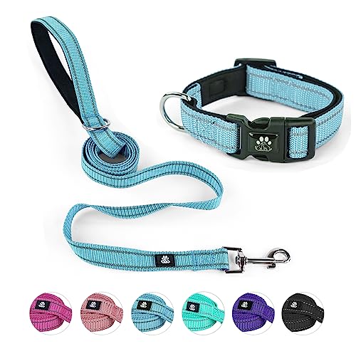 NESTROAD Dog Collar and Leash Set,Reflective Dog Collars with Quick Release Buckle,Adjustable Nylon Pet Collar for Small Medium Large Dogs(Medium,Blue) - color: Blue, size: Medium