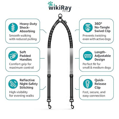 wikiRay Double Dog Leash Coupler for Walking 2 Dogs – No Tangle Dual Dog Splitter with Shock-Absorbing Bungee, Padded Traffic Handles & Reflective Stitching (Grey) - color: Grey