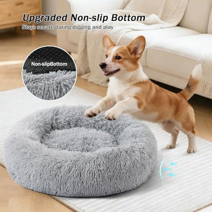 NOYAL Calming Donut Dog Bed for Small to Medium Dogs & Cats - Plush Faux Fur Anti-Anxiety Pet Bed with Machine Washable Cover & Non-Slip Base - color: Light gray, size: X-Small 15.7''